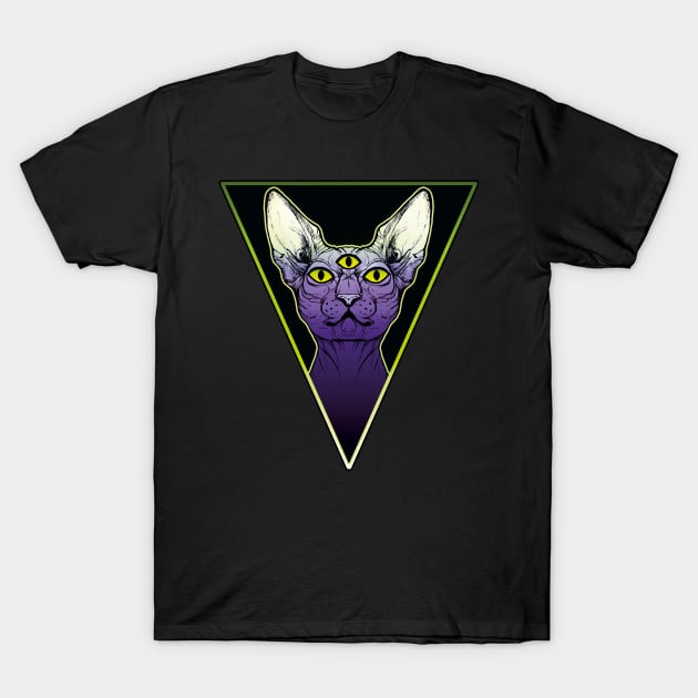 Three eyes creepy spooky sphynx cat T-Shirt by Ryuvhiel